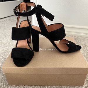 Madewell Black Suede Triple Strap High Heel Sandal | Size 8